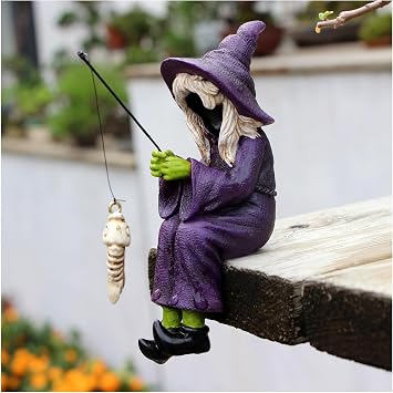 Fishing Witch Skeleton Garden Accessory, Mini Witch Fisher Sculpture Ornaments for Outdoor Garden Yard Lawn Pond Waterfalls Pool