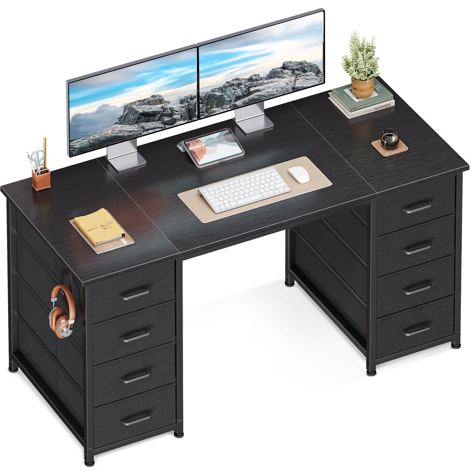 Coleshome Escritorio con 8 Cajones de Tela, 120x48cm Escritorio de Ordenador con Soporte para Auriculares, Mesa Escritorio de Espacio Mesa de Oficina para Oficina en Casa, Negro