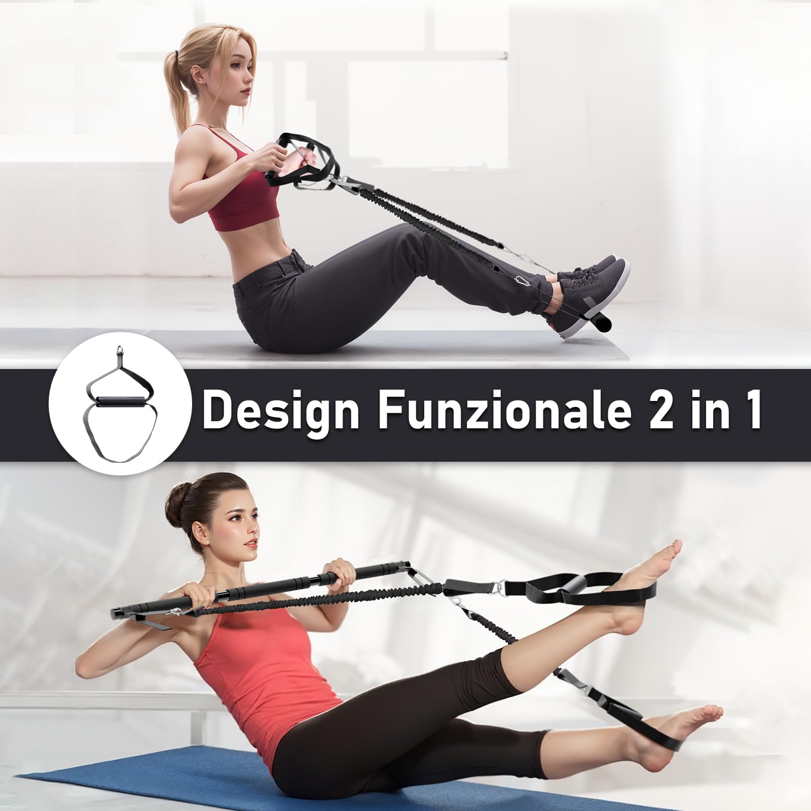 Barra Pilates, COSDIG Kit Barra per Pilates con Ab Rullo, Barra di Elastici Fitness con 6 Elastico Fitness(20/30/40 Lbs), Pilates Bar per Allenamenti Fitness, Yoga e Fisioterapia
