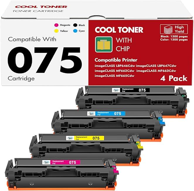 075 Toner Cartridge Set 075H: MF665CDW LBP646Cdw MF663Cdw Compatible for Canon Color ImageCLASS MF660c MF662CDW LBP647Cdw LBP640c LBP640 MF660 Printer 4 Pack High Capacity (Black Cyan Yellow Magenta)