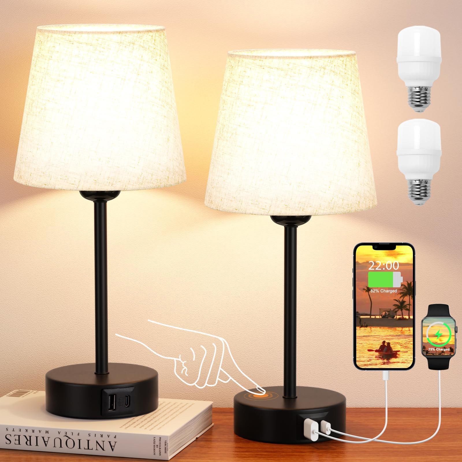 Aooshine Bedside Lamps Set of 2, 3-Way Dimmable Touch Table Lamps with USB A+C Charging Ports