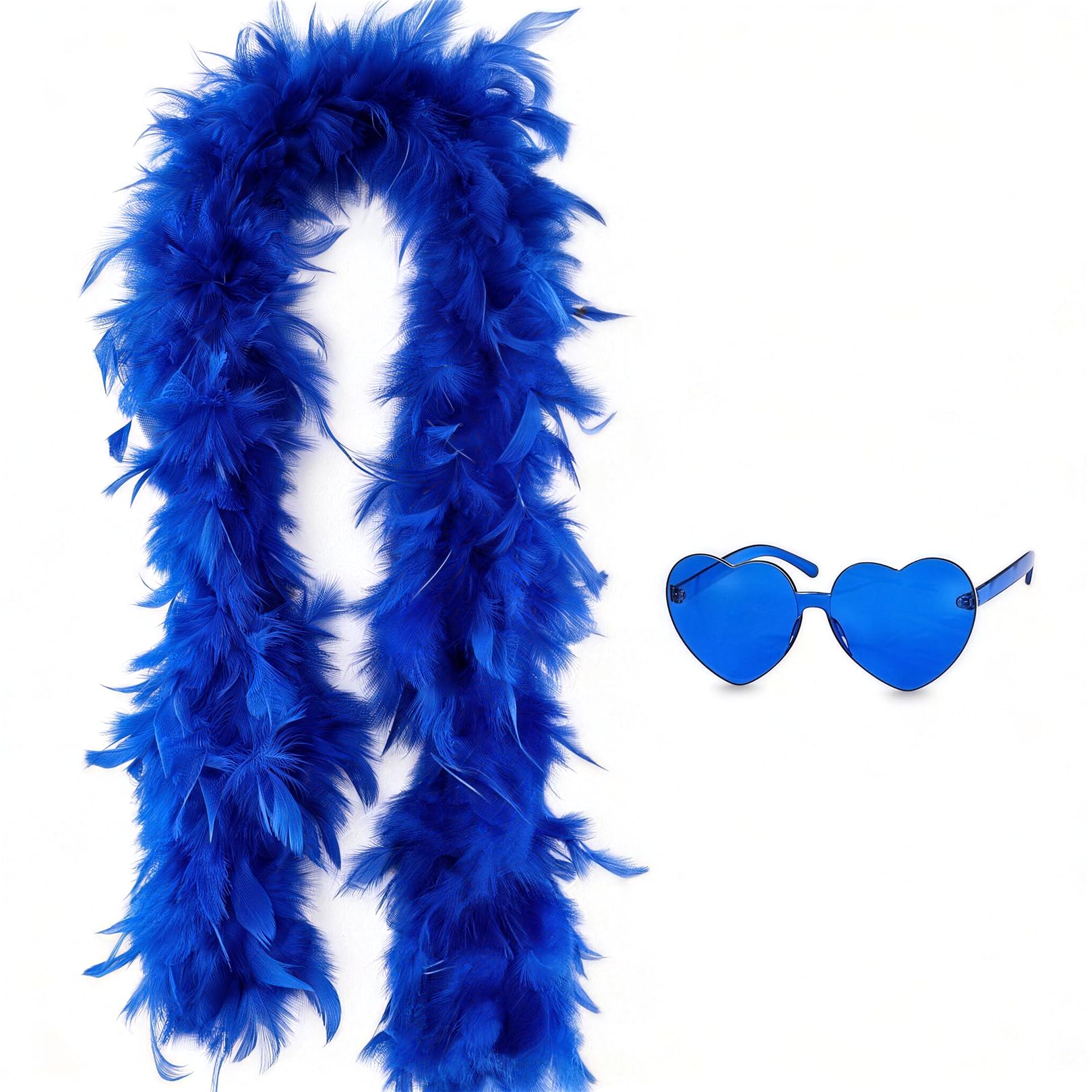 Moorlan blue Feather Boa 2m with Heart Rimless Sunglasses, Soft Turkey Feather Scarf for Women, Perfect for Dancing, Wedding, Hen Party, Halloween, Christmas, Cosplay and Photo Props — image 1