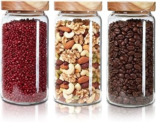 3 Pieces Storage Jars with Lids, 950ml Storage Jars Glass with Wooden Lids, Decorative Storage Jars with Lids, Airtight Kitchen, Glass Containers for Cereals, Spices, Storage | Runt förvaringsglas med trälock kök, borosilikatglas, godisglas för spaghetti, kaffe, socker, kex, 950 ml