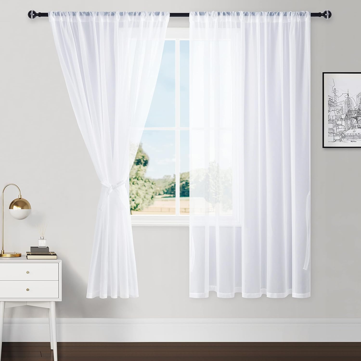 Hiasan White Sheer Curtains 63 inch Length with Tiebacks, Rod Pocket Light Filtering Extra Wide Voile Drapes Window Curtains for Patio Door, Living Room, Bedroom, W60 x L63, Set of 2 Panels