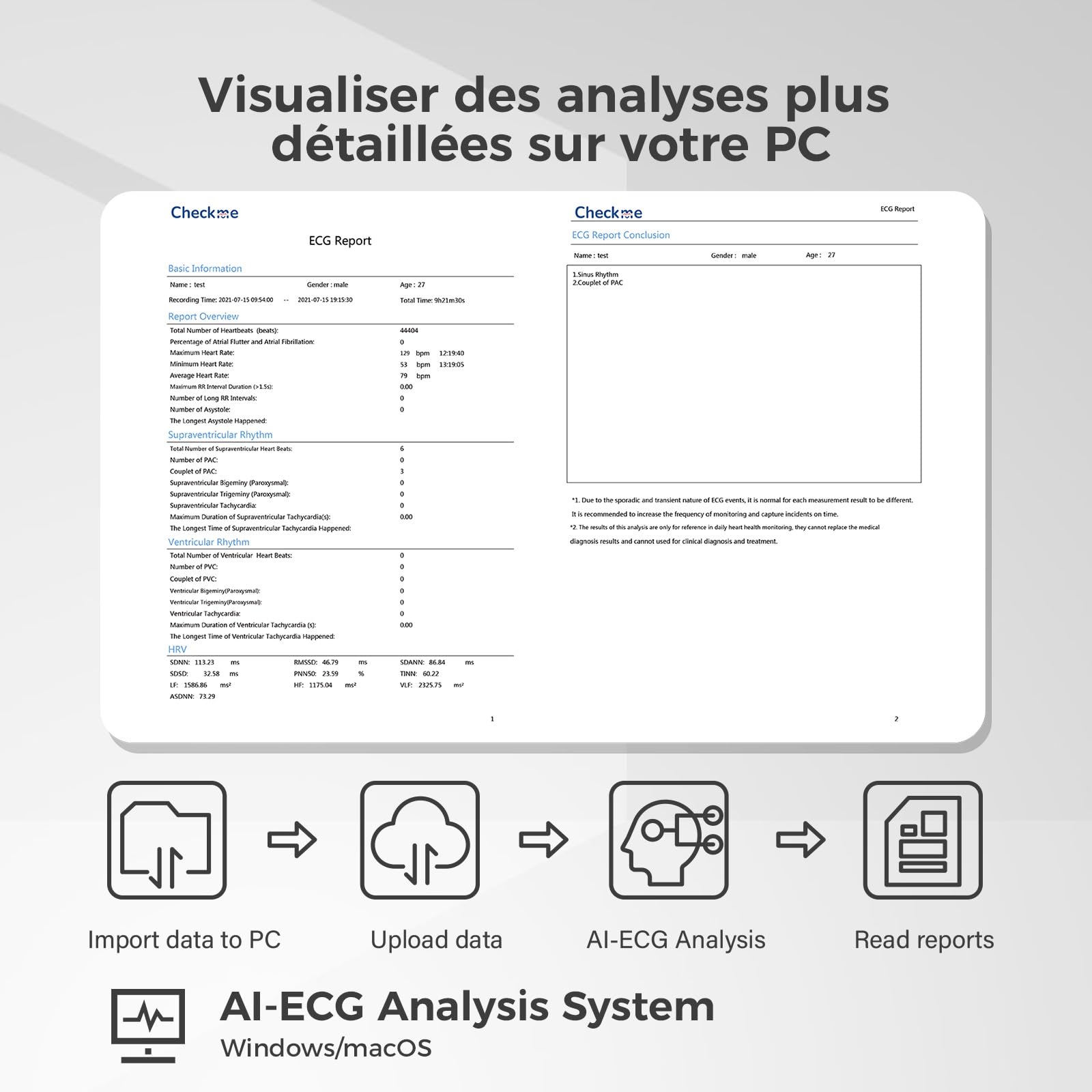 CheckMe ER1-LW Moniteur ECG Portable 72 Heures avec Analyse ECG AI, Fonction Marqueur D'événement ECG, App & PC-software, Compatible avec Les Électrodes à pression de 4 mm