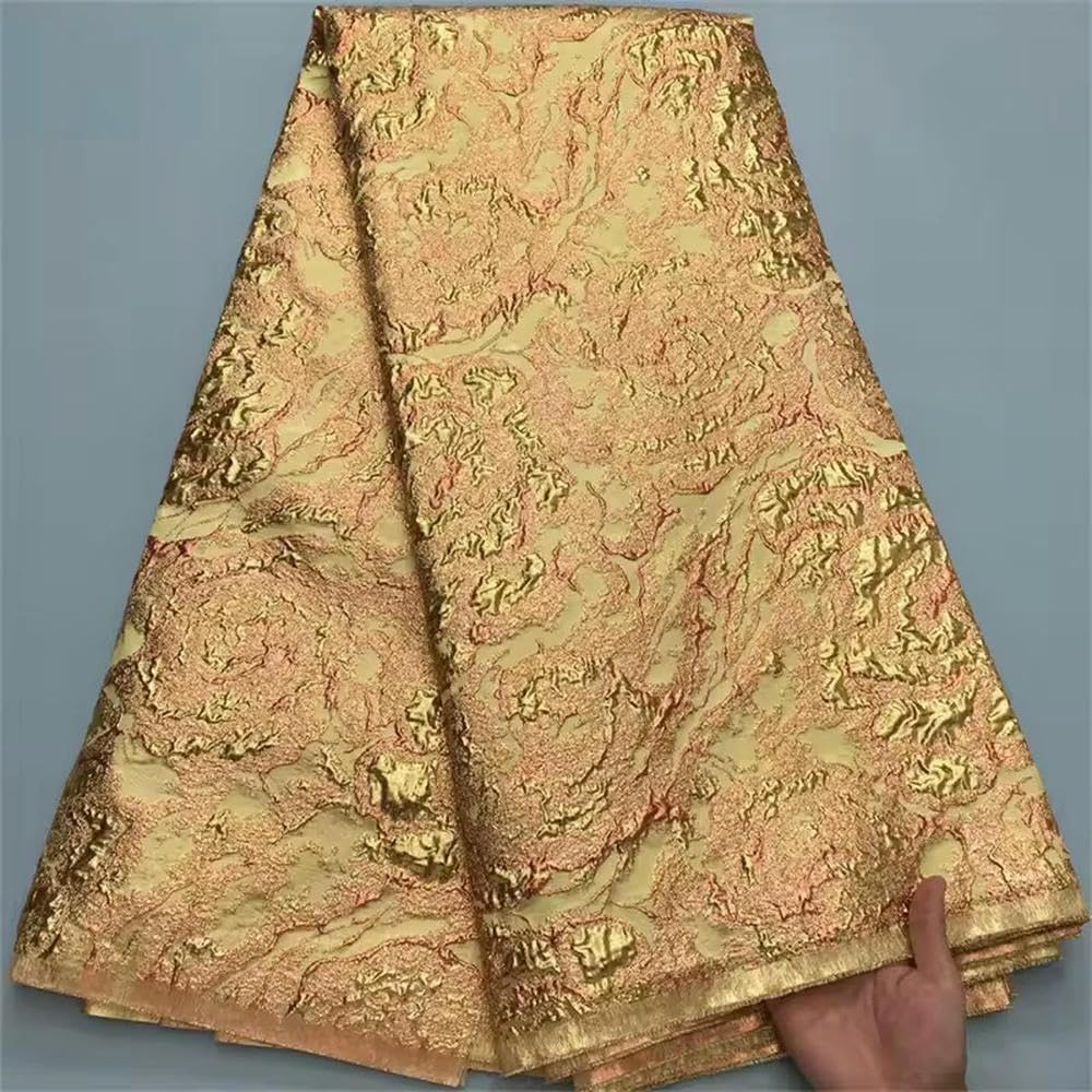 Tessuto Broccato Jacquard, Pizzo Damascato, Dorato, Tessuto Africano in Pizzo Francese di Lusso per Abito da Donna