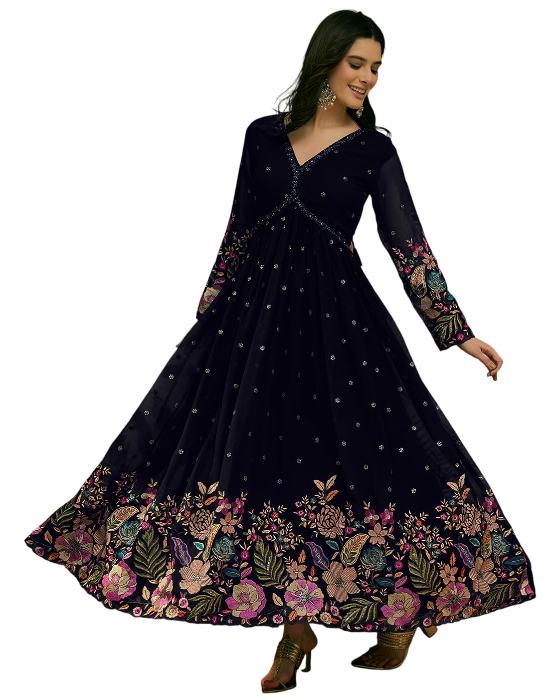 Navy Blue Georgette Zari Sequence Thread Embroidered with Hand Work Gown-image-36