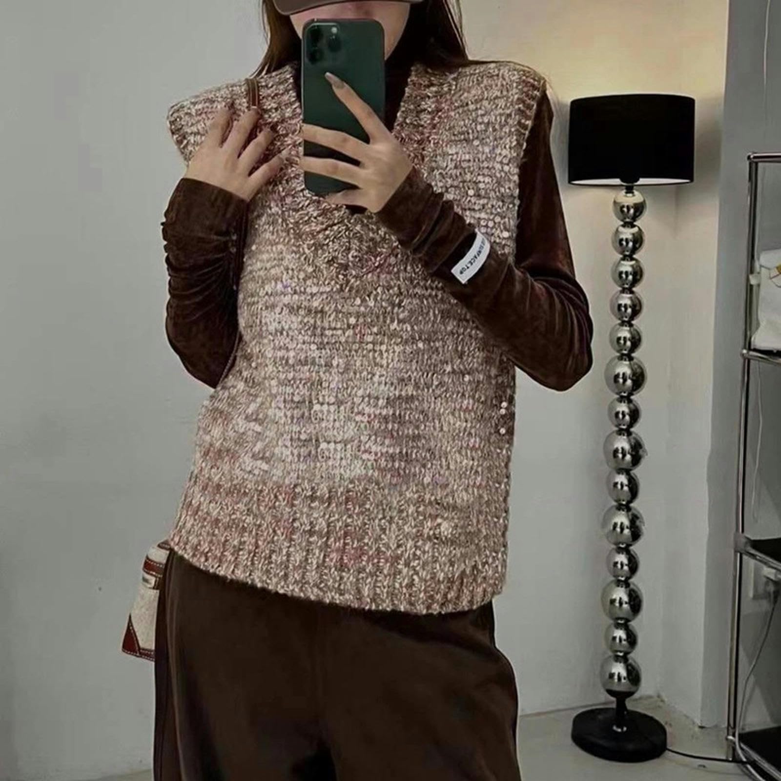 Chaleco de Punto con Cuello en V para Mujer, diseño de Lentejuelas Pesadas, Color Rosa raíz de Loto, Talla única