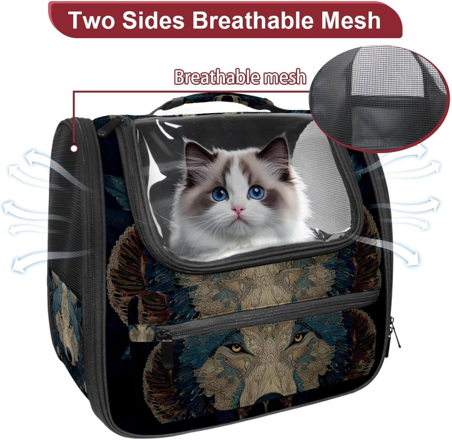 Portable Travel pet Backpack Carrier Hamster Bag Small Dog cat Carrier Breathable Hang Bag, Wolf Animal Print (3)