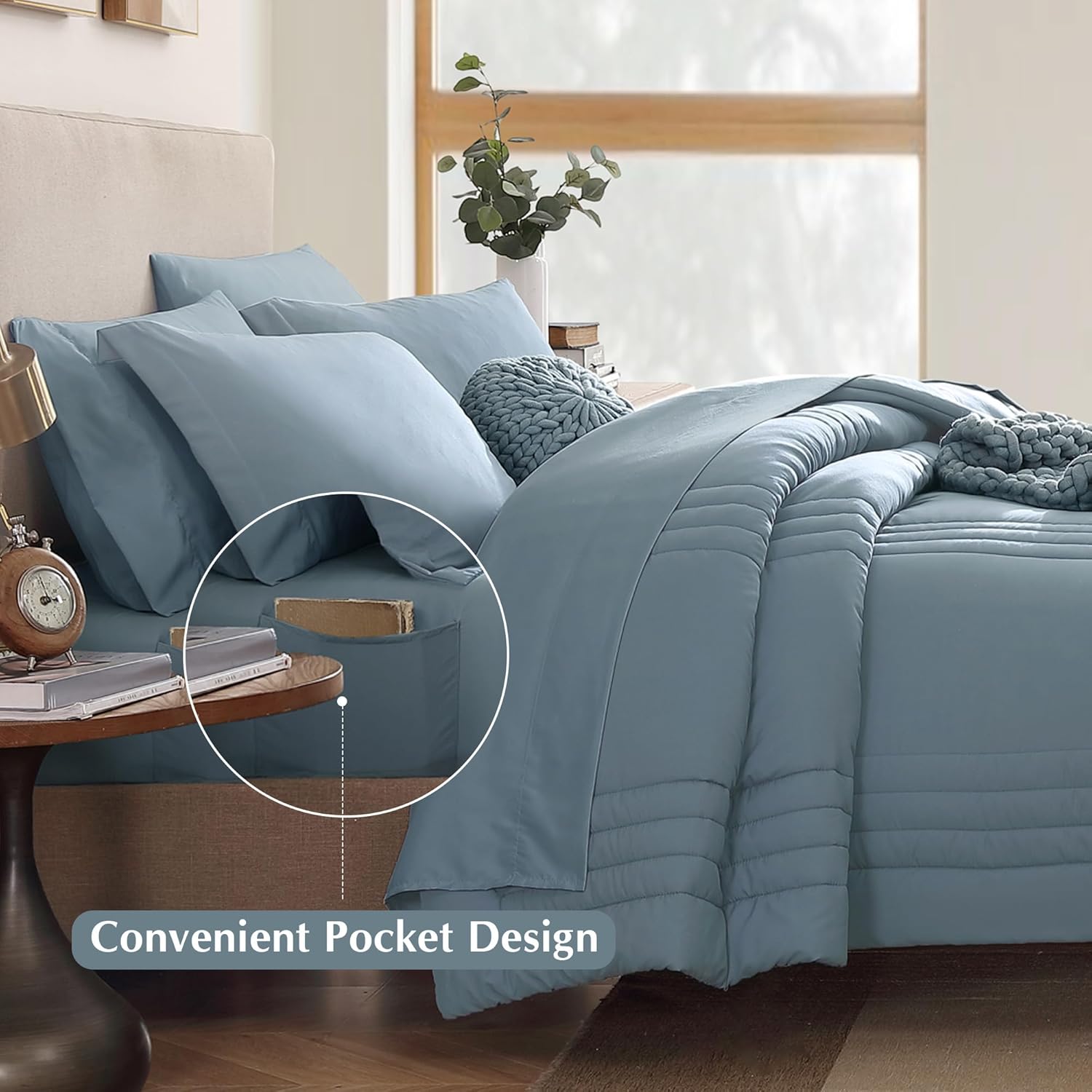 Monbix Full Comforter Set - 7 Pieces Dusty Blue Bed in a Bag Full Size Bedding Sets with Comforters, All Seasons Comforter with Sheets, Pillowcases & Shams - Image 4