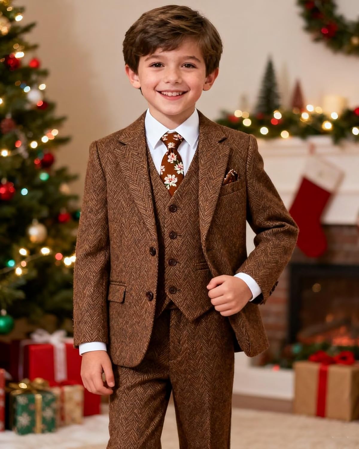 Retro Tweed Boys Suit 3 Piece Slim Fit Herringbone Boy Suits Blazer Set Single Breasted Tux Outfit Jackets Vest Pants for Kid