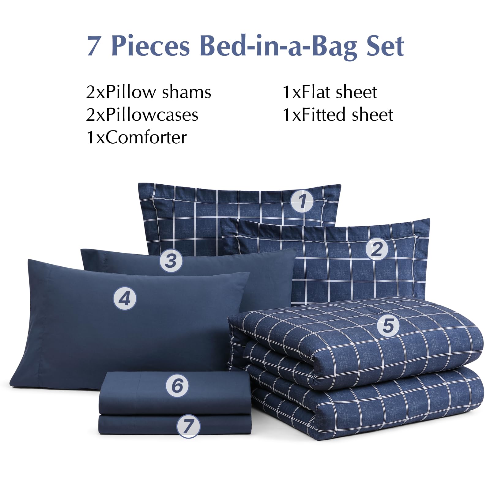 Plaid Queen Schmusetuch Set dunkelblau 7-teilig Wendebett in einer Tasche | Farmhouse Bettwäsche-Set, kariert, für Jungen, Mädchen, Teenager, mit Laken, Kissenbezügen und Kissenbezügen