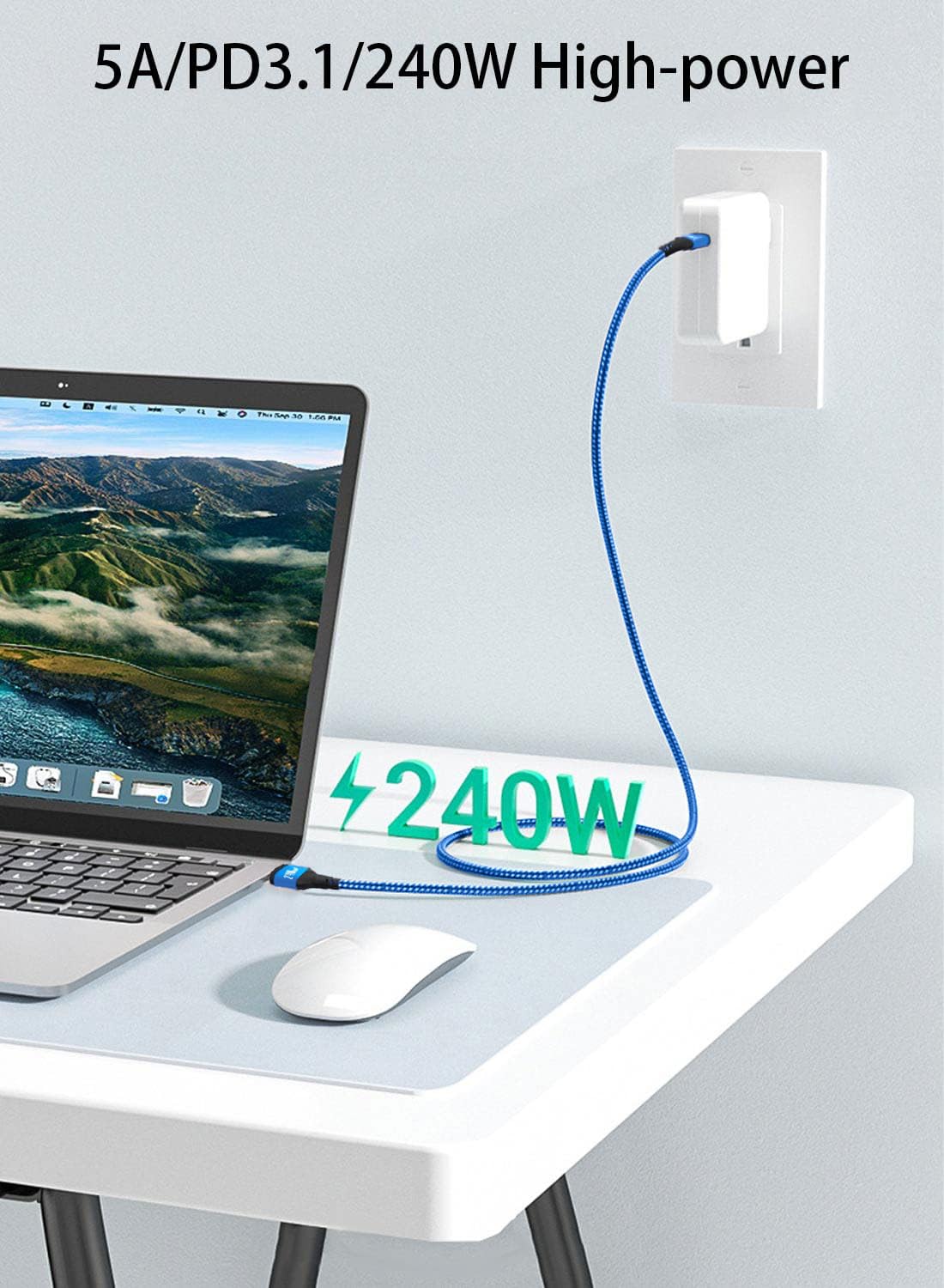 Cavo da USB C a USB C da 240 W blu, cavo di ricarica rapida per iPhone 15, cavo lungo intrecciato di tipo C per MacBook Pro, iPhone 15Pro/15Plus/15ProMax, iPad Pro/Air, Samsuang Galaxy S24 S23, Switch
