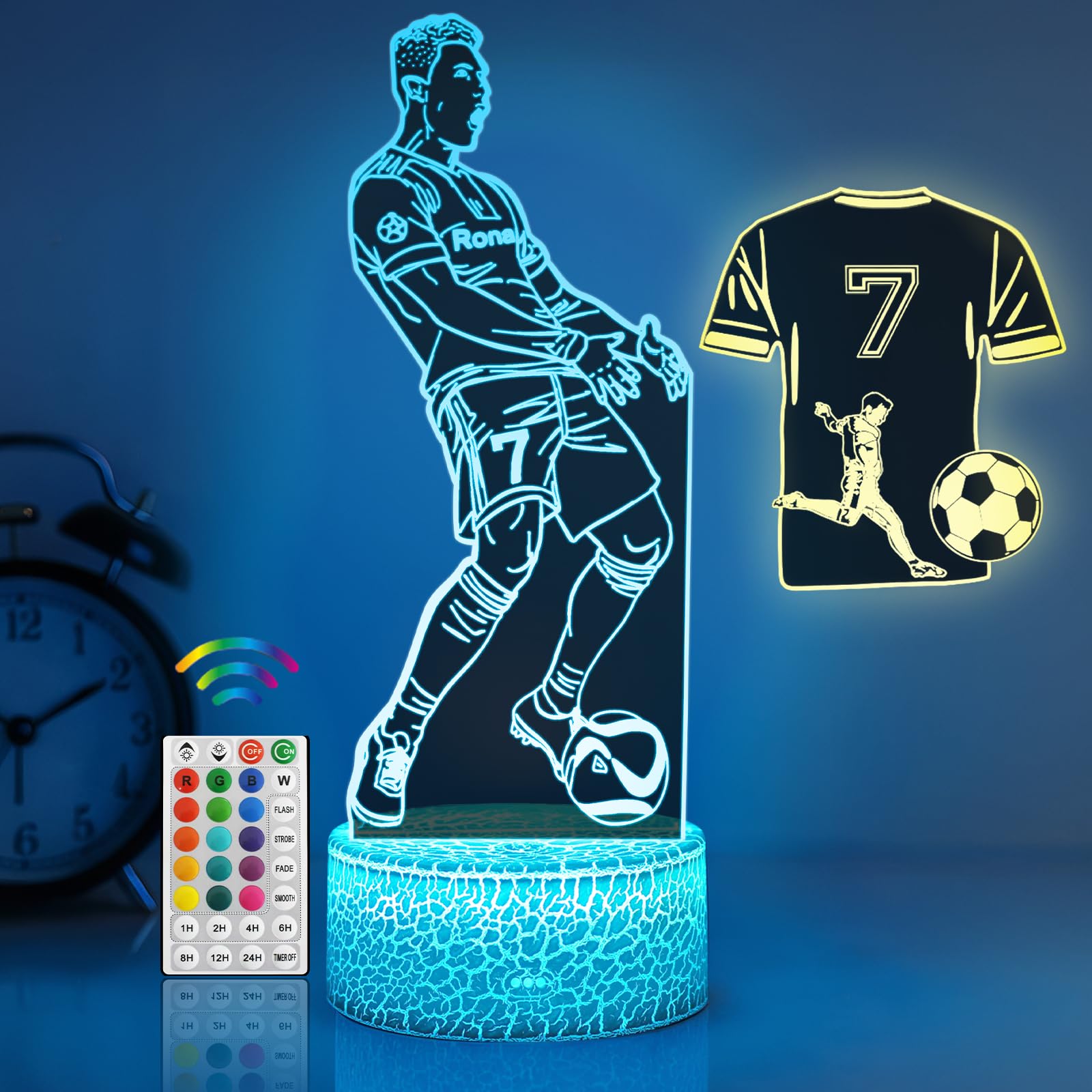 Dagydali 2 Pezzi Ronaldo Calcio Notturna Bambini, Regali per Ragazzi 3-12Anni, Timer Lampade 3D LED con 16 Cambiamenti di Colore,Regali di Natale Compleanno per Ragazza, Ragazzo