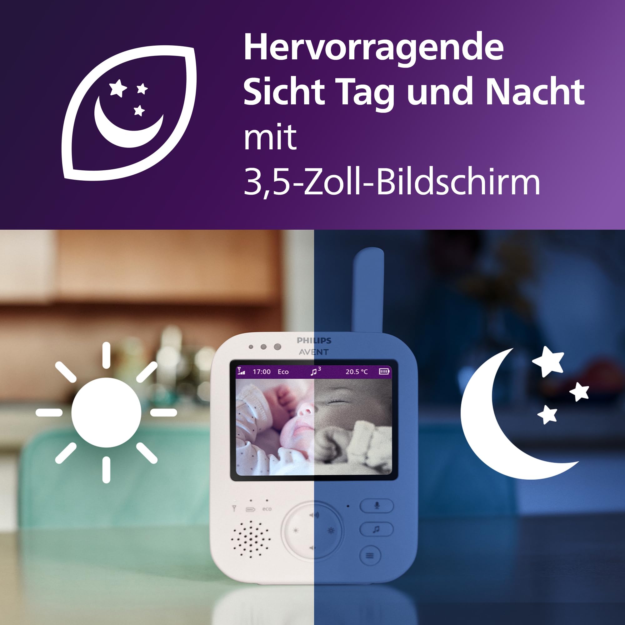 Philips AVENT Babyphone mit Kamera Premium 3.5" Display x4 Zoom Nachtsicht Schlafliedern Thermometer SCD891/26