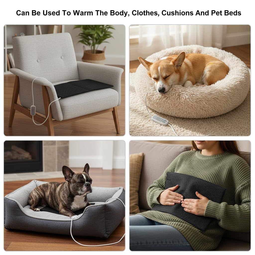 Coussin Chauffant Électrique en Fibre de Carbone, Tapis Chauffant USB, 4 Niveaux Température, Portable, Lavable Temporisé pour Vêtements, Siège, Animaux, Chiens, Chats, Épaules, Ventre (25 x 30 cm)