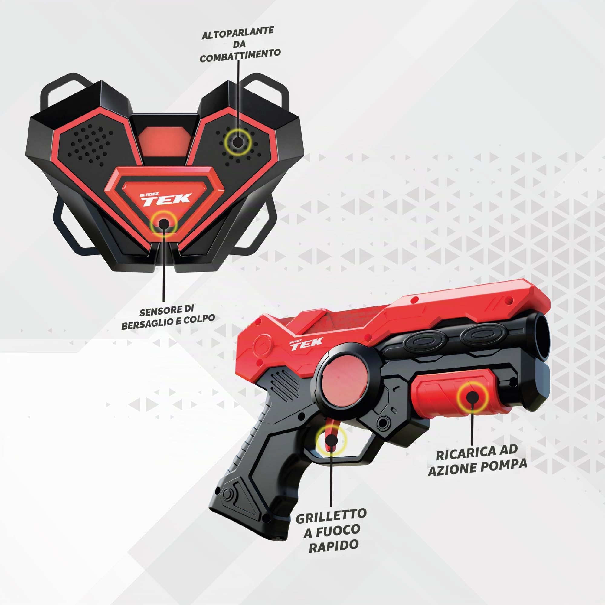 Bladez Toyz - Gioco laser tag per bambini con raggio di 15 m e armatura del sensore, 2 giocatori, spara Lazer Tag Game - Pistole laser per bambini con suoni di combattimento - Set di pistole Lazer Tag