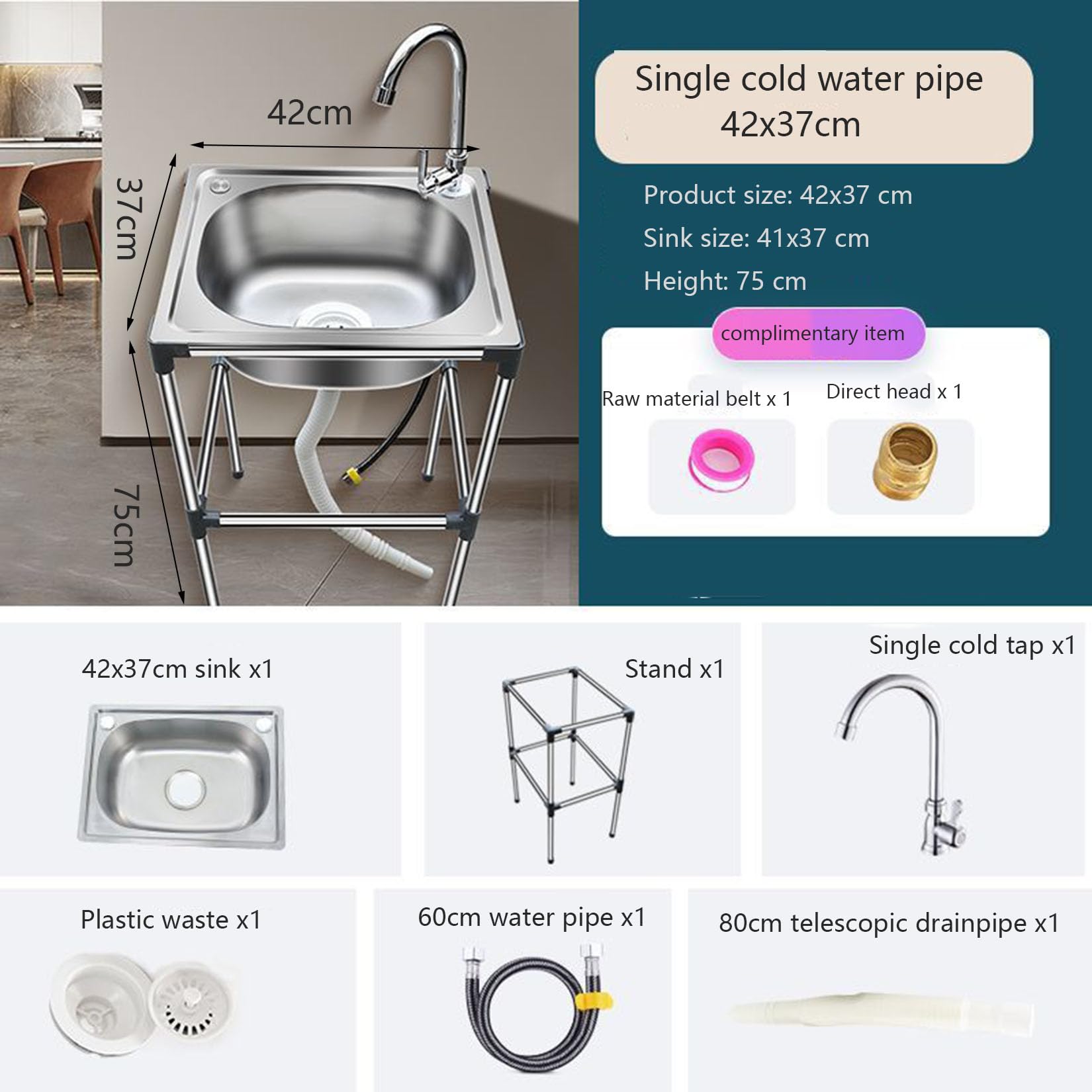 Lavello da Cucina autoportante in Acciaio Inox con Rubinetto per Acqua Fredda, lavello Mobile con Ripiani, Adatto per ristoranti, Bar
