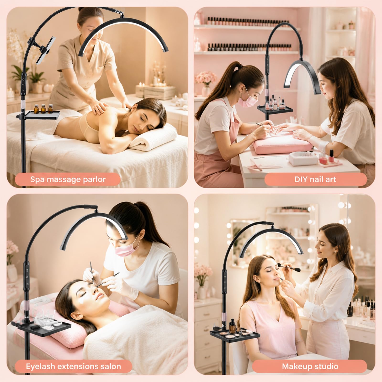 Lámpara LED de pestañas de media luna, giratoria 320° y 5 colores regulables, altura ajustable de 85 – 125 cm, CRI≥95, lámpara cosmética con control táctil para extensiones de pestañas
