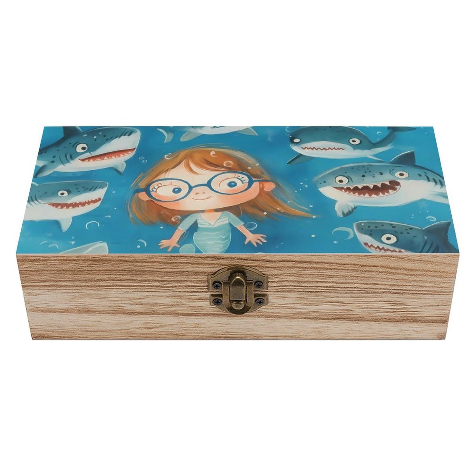 HLBSDM Cartoon Funny Mermaid & Shark Retro Wooden Storage Box Jewelry Art Gift Boxs Decorative Keepsake Boxes