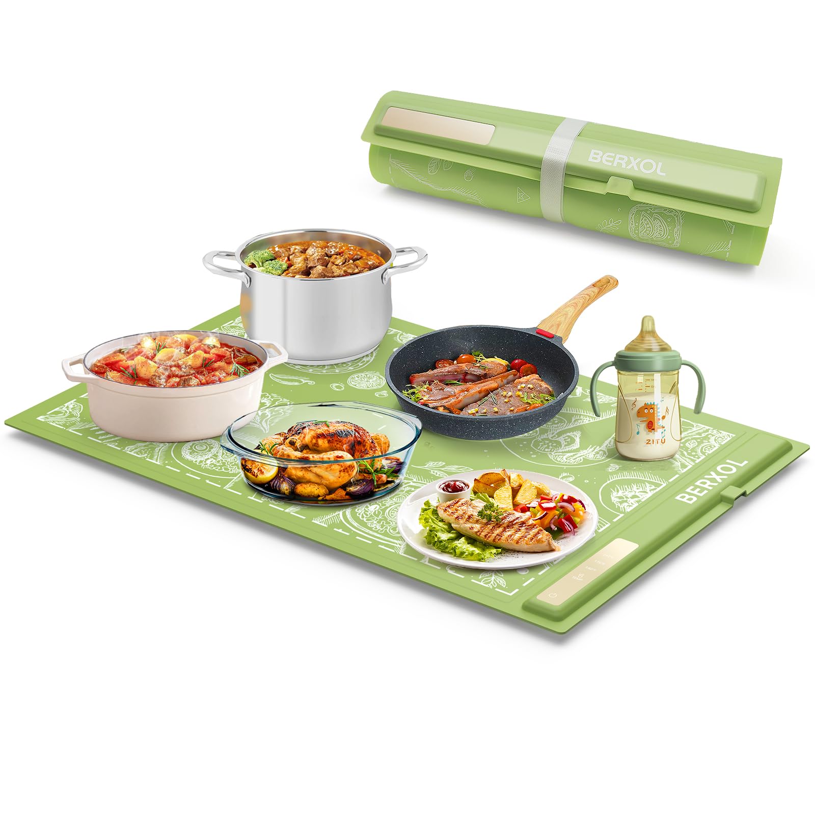 BERXOL Electric Warming Tray, Silicone Heating Mat for Food, with 3 Temperatures Setings, Foldable, Roll Up Food Warmer for Parties, Gatherings, Buffet and Everyday Use