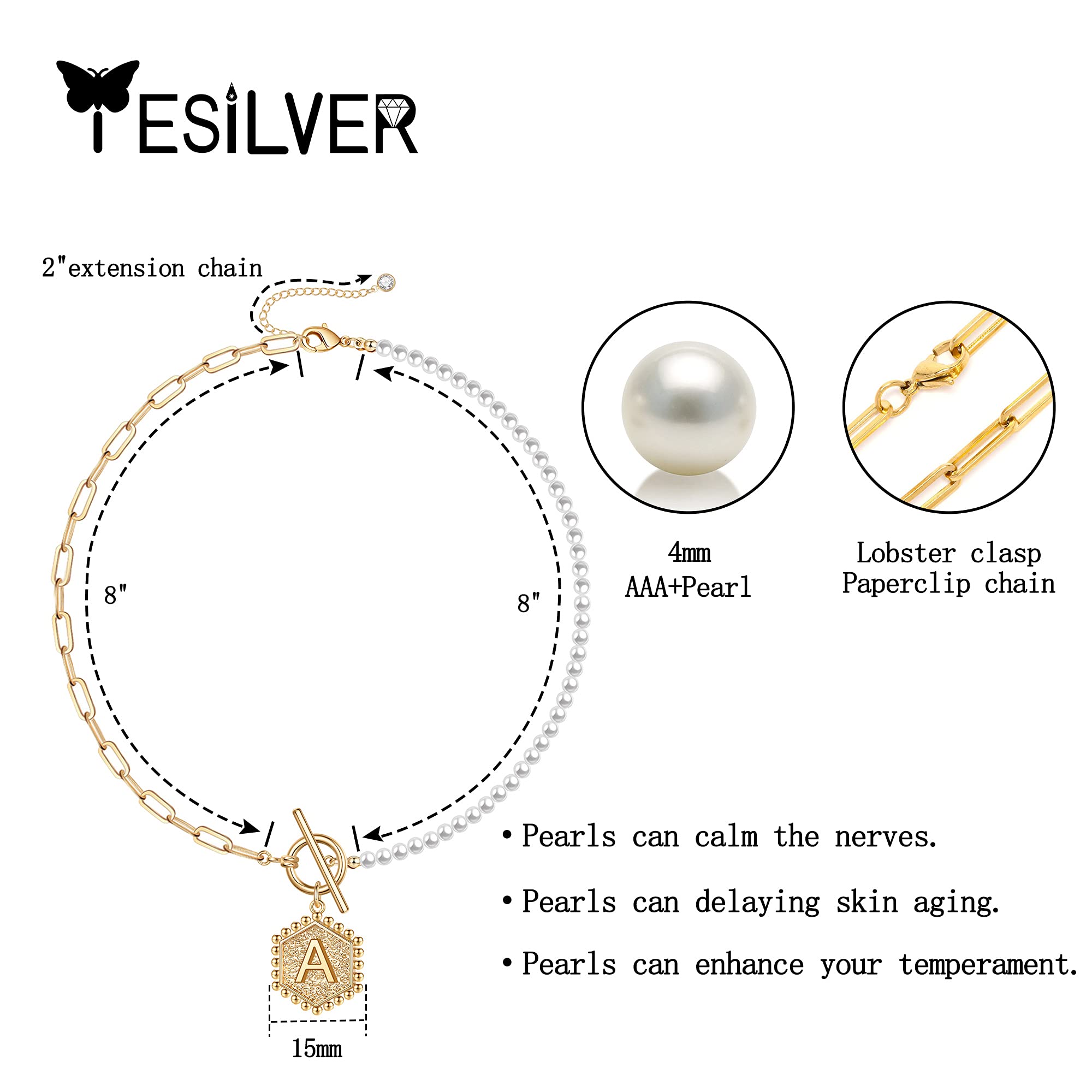 Dainty Gold Pearl Initial Necklaces for Women, 14k Gold Plated Letter Initial Necklaces for Women Trendy Dainty Paperclip Chain Toggle Clasp Hexagon Pendant Pearl Choker Necklace for Women Jewelry Gifts