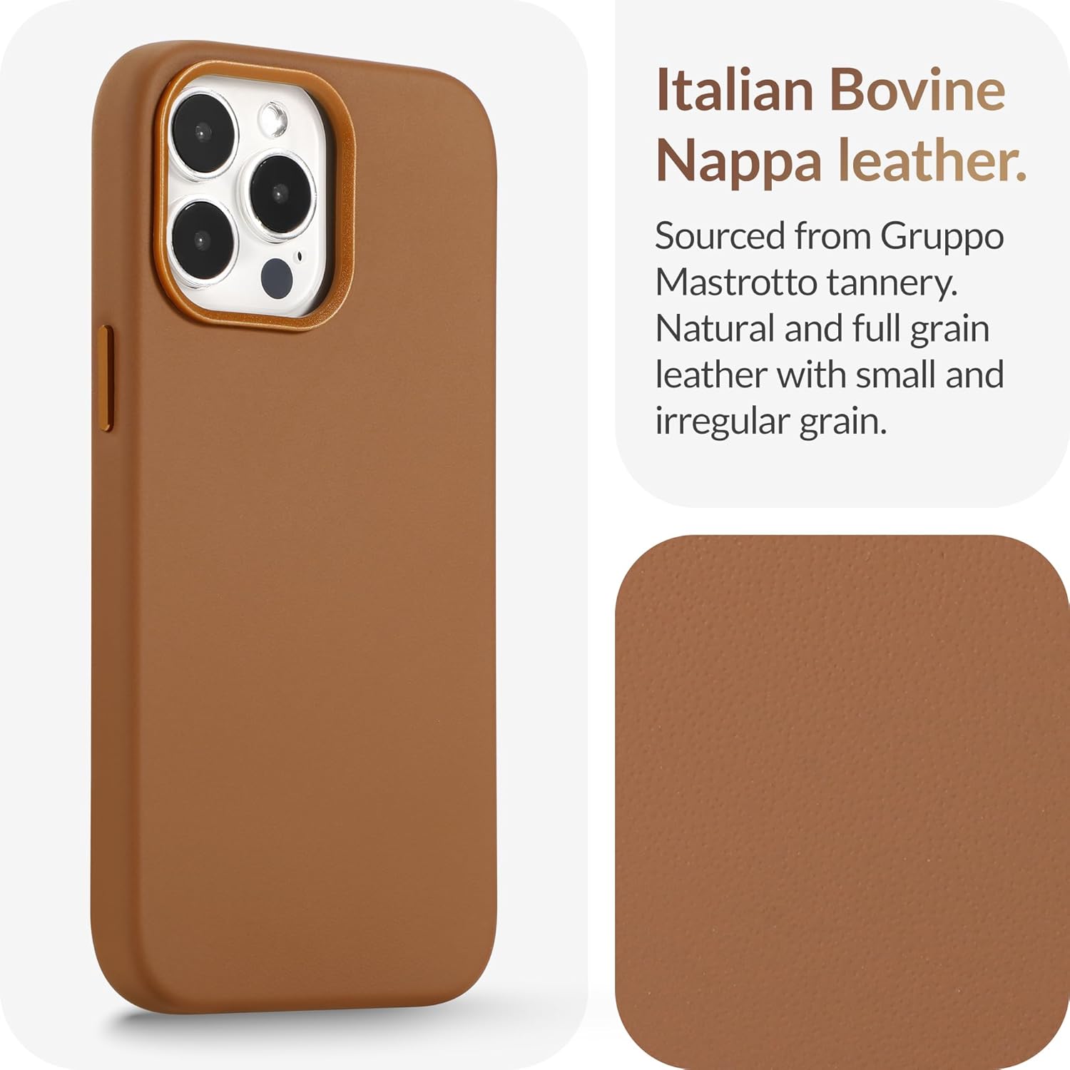 LONLI Classic - (for iPhone 15 Pro) - European Nappa Leather Phone Case - Smoothen and Soften Over Time - Compatible with Magsafe - Saddle Brown