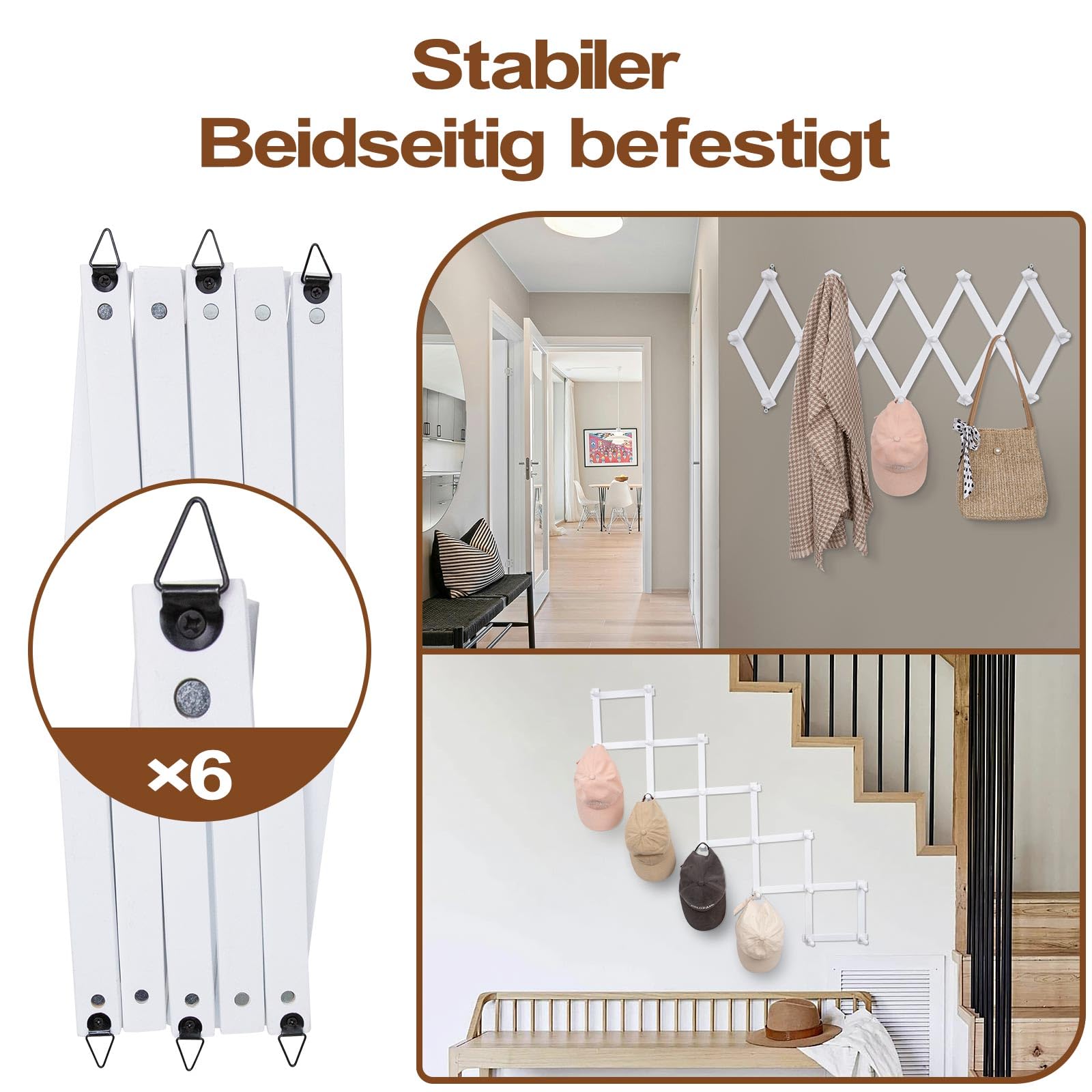 Qiannhee Wandgarderobe aus Massivholz, Verstellbare Garderobenleiste 80-100cm mit 16 Haken, Für Wohnzimmer & Flur（Weiß）
