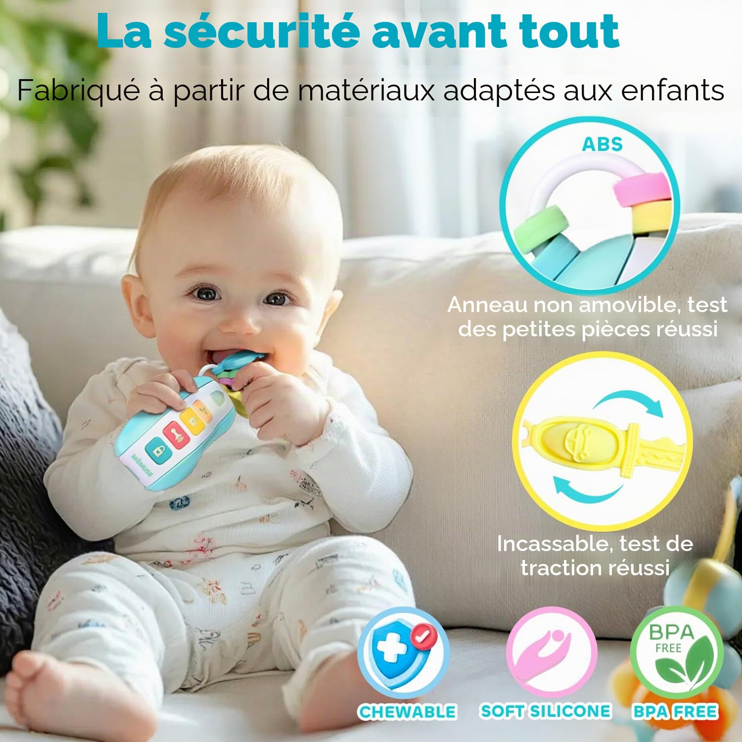 MOMUSE Anneau de Dentition pour Bébé, Jouet de Dentition | 4 Clés de Voiture, Jouet clé en Silicone, Jouets Musicaux Cadeaux de Noël et d'anniversaire pour Bébé 10 12 16 18 Mois