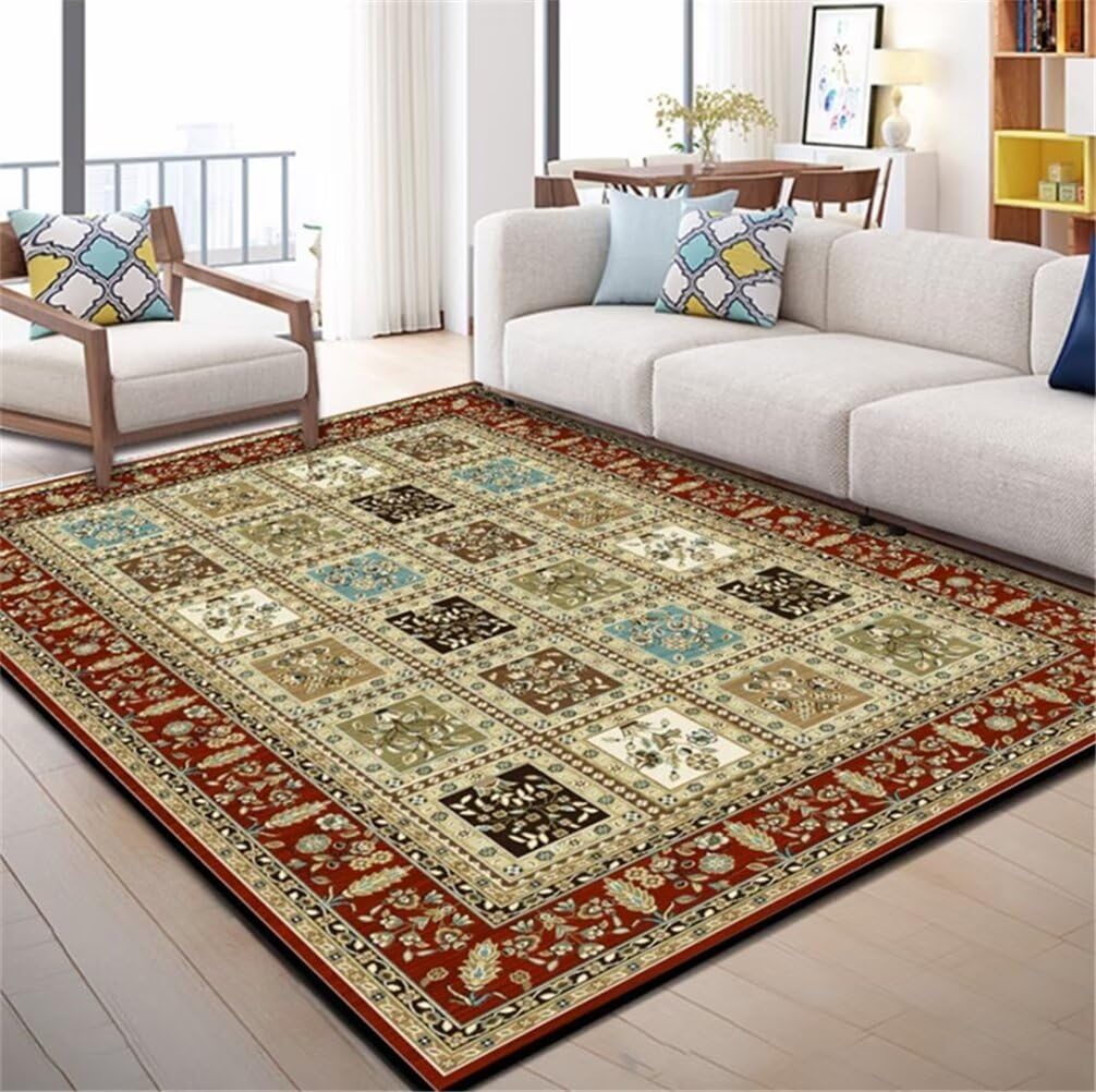 Tapis confortable et durable rouge et vert à motif floral rustique
