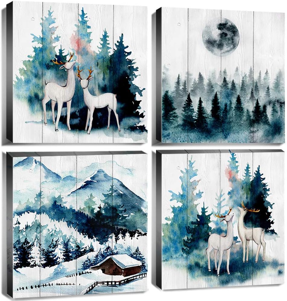 Teal Wall Decor Foggy Forest Wall Art Mountain Pictures Deer Pine Tree Misty Landscape Canvas Prints for Bedroom Bathroom Decorations Modern Abstract Nature Artwork Snow Winter Poster 4 Pieces 12x12"