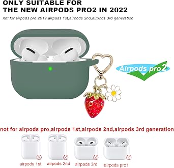 Airpods Pro 第2世代ケースカバー かわいいストロベリーチャームキーホルダー付き Airpod Pro 2ケース かわいいハートフラワー デイジーキーチェーン Apple Airpods Pro Gen 2用 充電ケースカバー パイングリーン