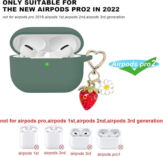 Airpods Pro 第2世代ケースカバー かわいいストロベリーチャームキーホルダー付き Airpod Pro 2ケース かわいいハートフラワー デイジーキーチェーン Apple Airpods Pro Gen 2用 充電ケースカバー パイングリーン