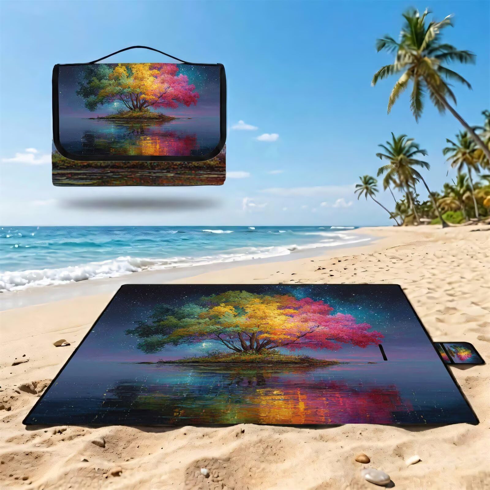 Couverture Pique Nique Grande 200x300cm,Outdoor Couverture Imperméable,Pliable Tapis de Plage Dos en PVC,Picnic Blanket pour Camping Accessoires,Jardin,Parc - l'arbre de Vie,Le Ciel Étoilé (2) UZ-840