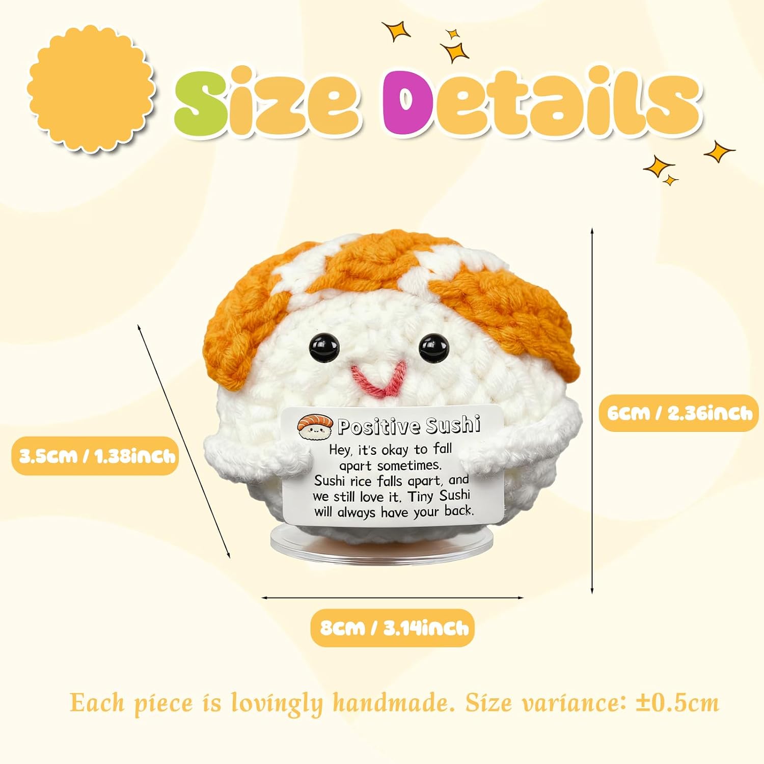 Emotional Support Crochet Salmon Sushi Doll, Handmade Knitted with Encouragement Card, Positive Gift