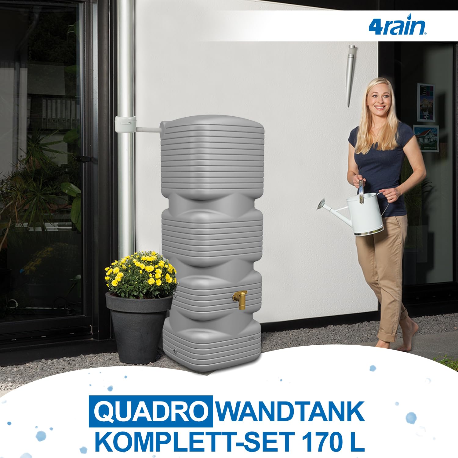 4rain Quadro Regentonne Wandtank Komplett-Set 170 Liter betongrau inkl. Kunststoff-Auslaufhahn und Fallrohranschluss - schmale Lösung am Haus - klare Optik in Betongrau - für Enge Plätze geeignet