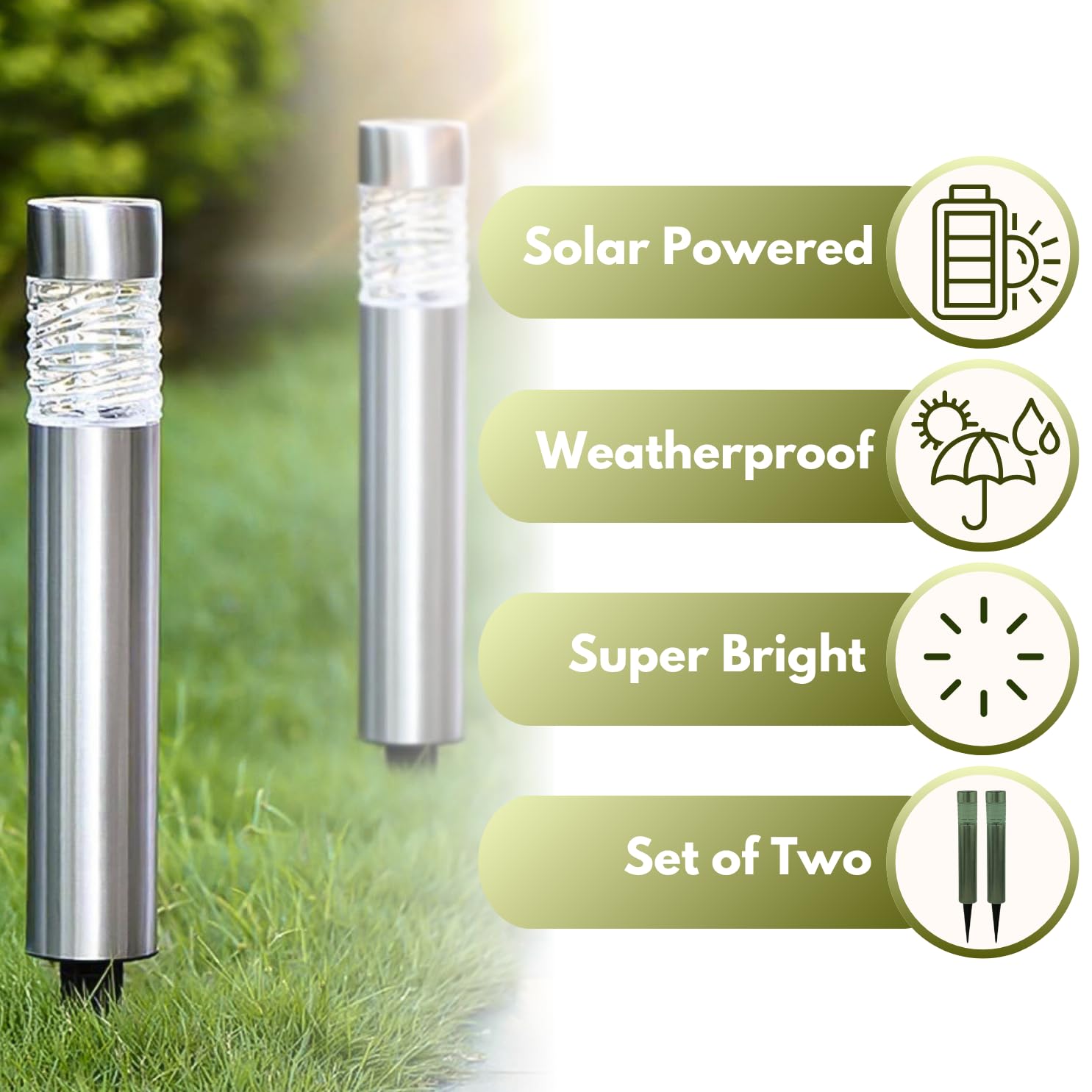 Garden Mile Set di 2 luci a paletto in acciaio inox a energia solare da 10 lumen luce solare per percorso illuminazione esterna di sicurezza da giardino luci solari per vialetto patio terrazzo