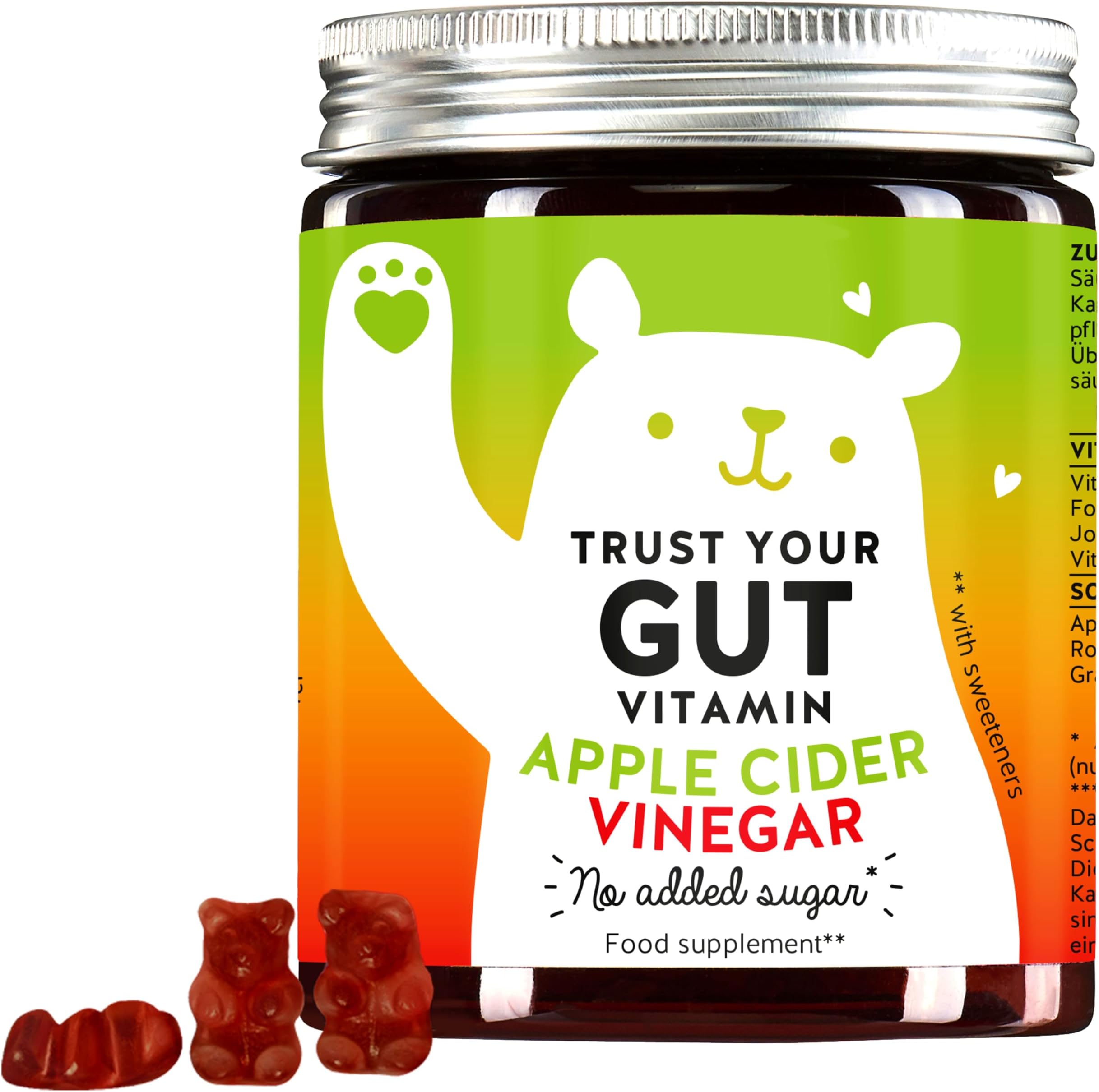 Apple Cider Vinegar Gummies – high-dose with 350 mg Apple Cider Vinegar Powder – Vitamins B6, B12, Iodine, and folic Acid – 60 Pieces – Vegan – no Added Sugar – Bears with Benefits.