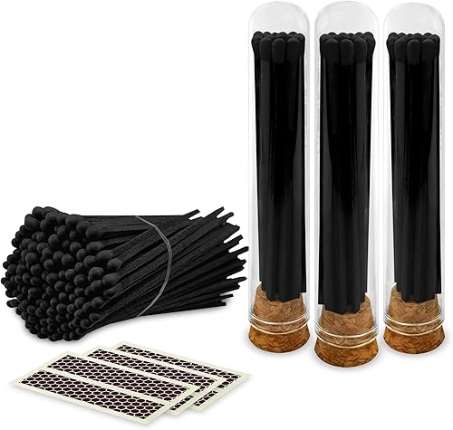 Miniatura 10 de Todos los fósforos negros en un frasco de 4 pulgadas + calcomanías de golpeador incluidas  100 coincidencias de seguridad decorativas de punta negra