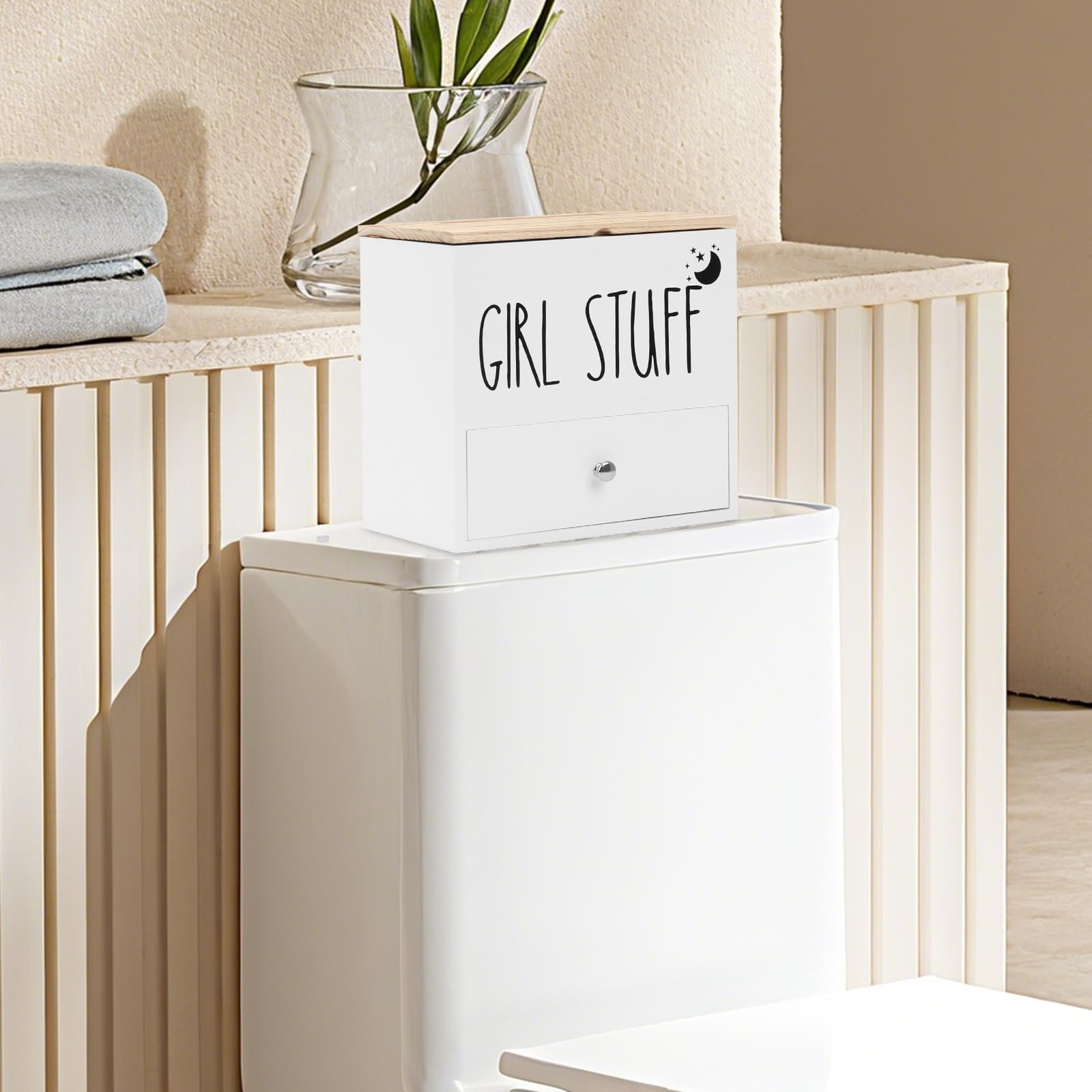 mumisuto Porta tamponi per bagno, Scatola Porta Assorbenti, Contenitore per tamponi per bagno, Organizer Rustico In Legno Per Prodotti Femminili con Cassetto e Coperchio, Organizer Femminile (Bianco)