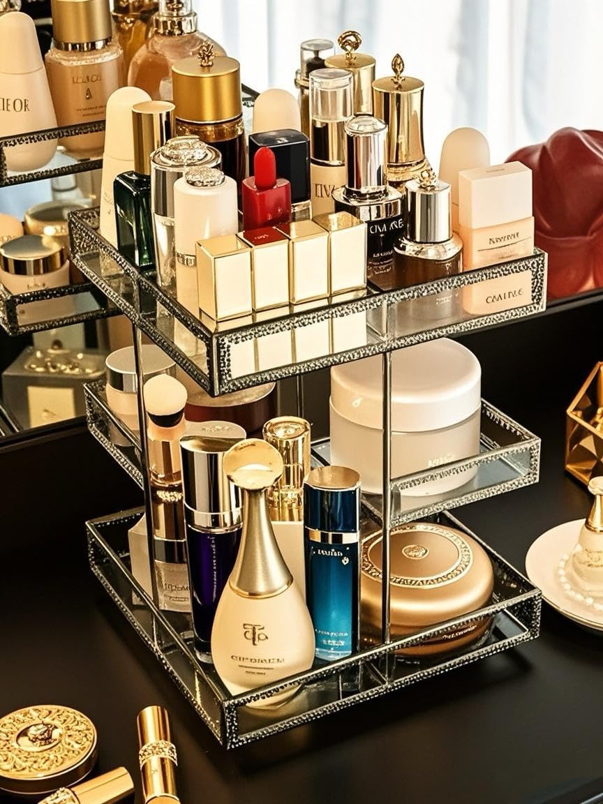 Hersoo 360 Degree Rotation Cosmetic Organizer -Premium Makeup Storage with Spin Base,Antique Countertop Cosmetic Storage,Large Capacity,Beauty Display for Countertop,Vanity or Bathroom (silver)