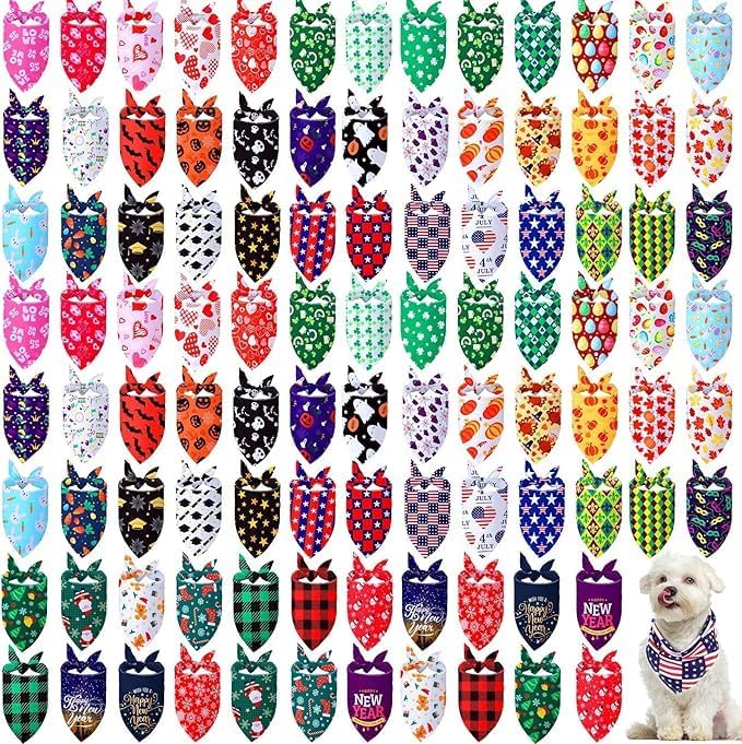 100 Pieces Holiday Dog Bandanas Halloween Thanksgiving Christmas New Year Bandanas for Dogs Autumn Fall Dog Bandanas Dog Bibs Pet Scarf Dog Accessories for Small Medium Large Dog