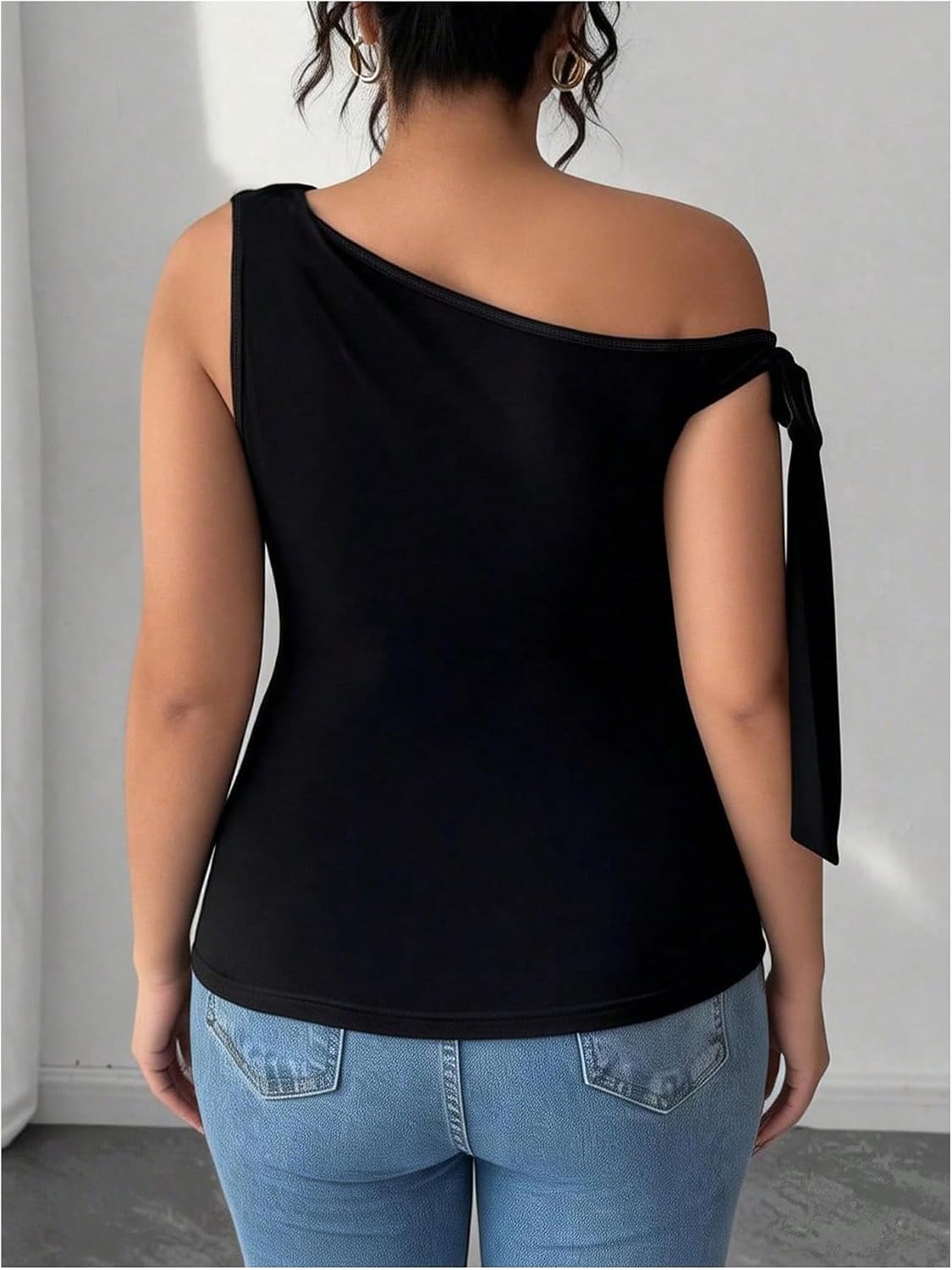 SOLY HUX Women's Plus Size T Shirt Off The Shoulder Tie Knot Sleeveless Asymmetrical Neck Fitted Summer Tops