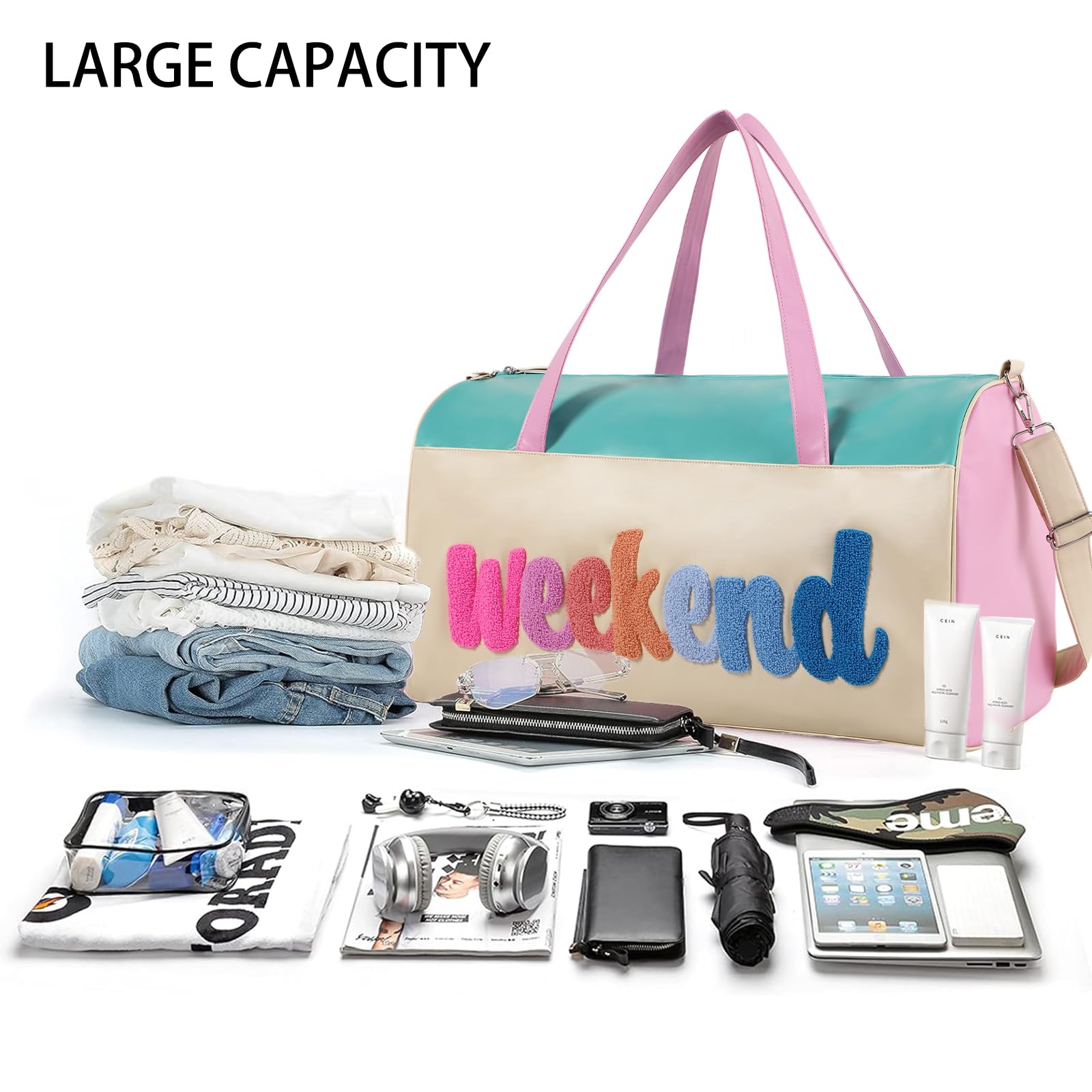 DYSHAYEN Borsone da viaggio in ciniglia con lettera grande borsa da viaggio in pelle PU Weekender borsa da notte per le donne borse da viaggio Tote, Weekender