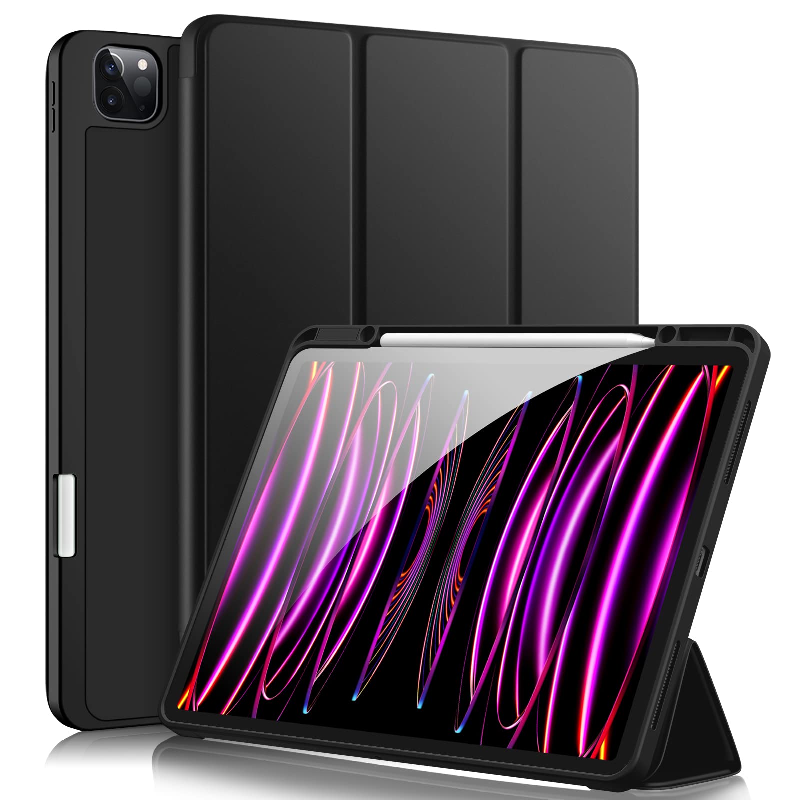 Akkerds Compatible with iPad Pro 12.9 Case 6th/5th/4th/3rd Generation with Pencil Holder, Trifold Stand Smart Cover with Soft TPU Back for iPad 12.9 Pro Case 2022/2021/2020/2018,Auto Wake/Sleep, Black