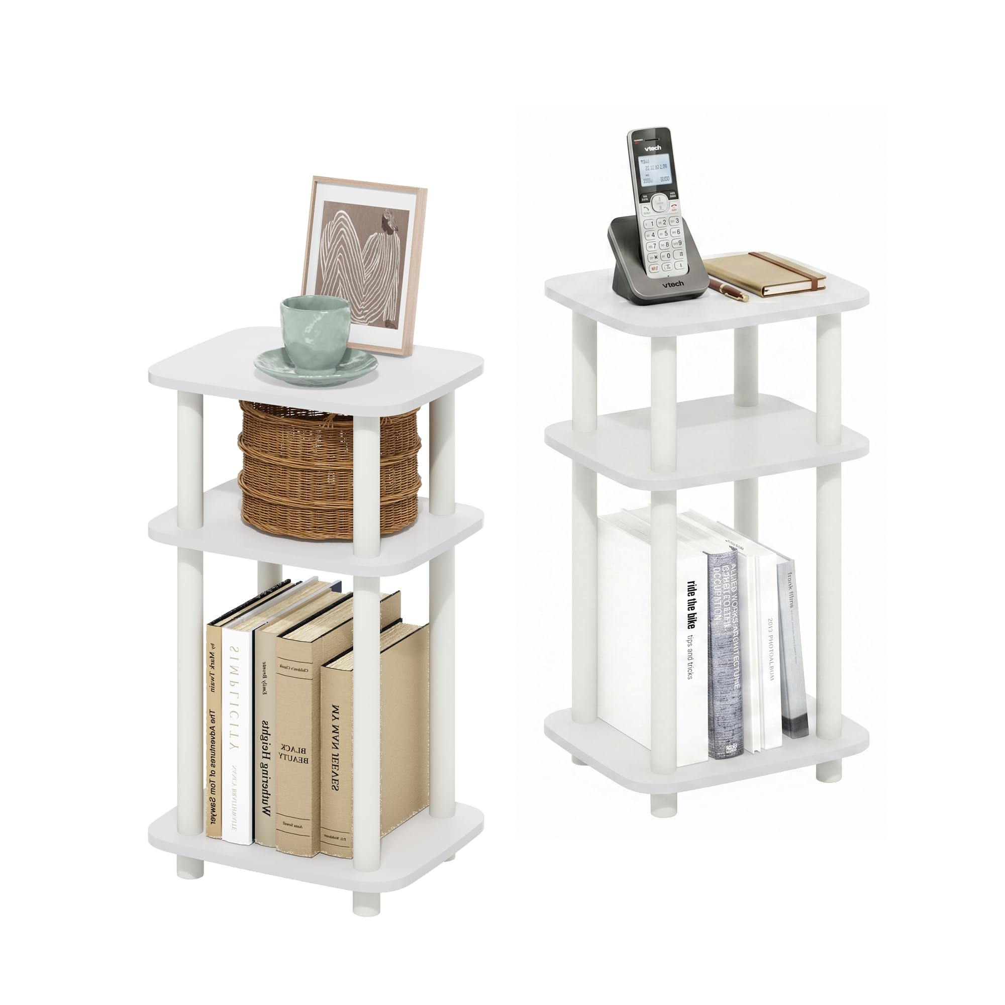 Furinno Just Juego de 2 mesas auxiliares de 3 Niveles con Estante Abierto y diseño Curvo Redondo, Color Blanco