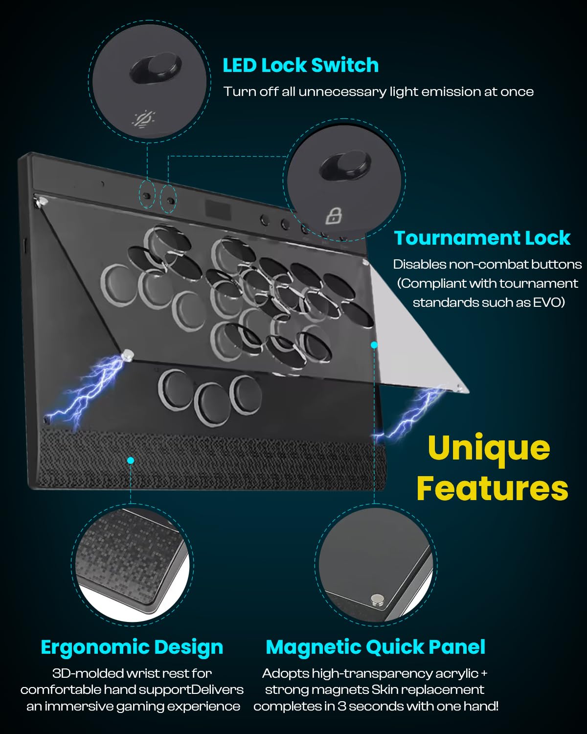 Haute42 C16 Leverless Arcade Controller - Magnetic Detachable Panel, RGB Button Rims, Tournament Lock Switch - Compatibile con Switch 2/Switch/PC/PS3/PS4/Steam
