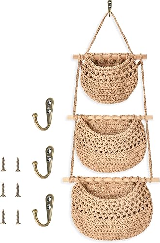 Cestas colgantes de 3 niveles para organizar, cesta de frutas de pared de yute tejido, cesta de almacenamiento colgante para juguetes infantiles,