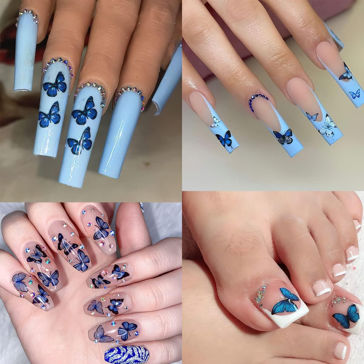 INOG 30 Sheets Flower Nail Art Stickers, White Flower with Rhinestones Designs Nail Decals 3D Self Adhesive Nail Stickers NailArt Supplies White Flower Stickers for Nails (Blue) - Image 6 thumbnail