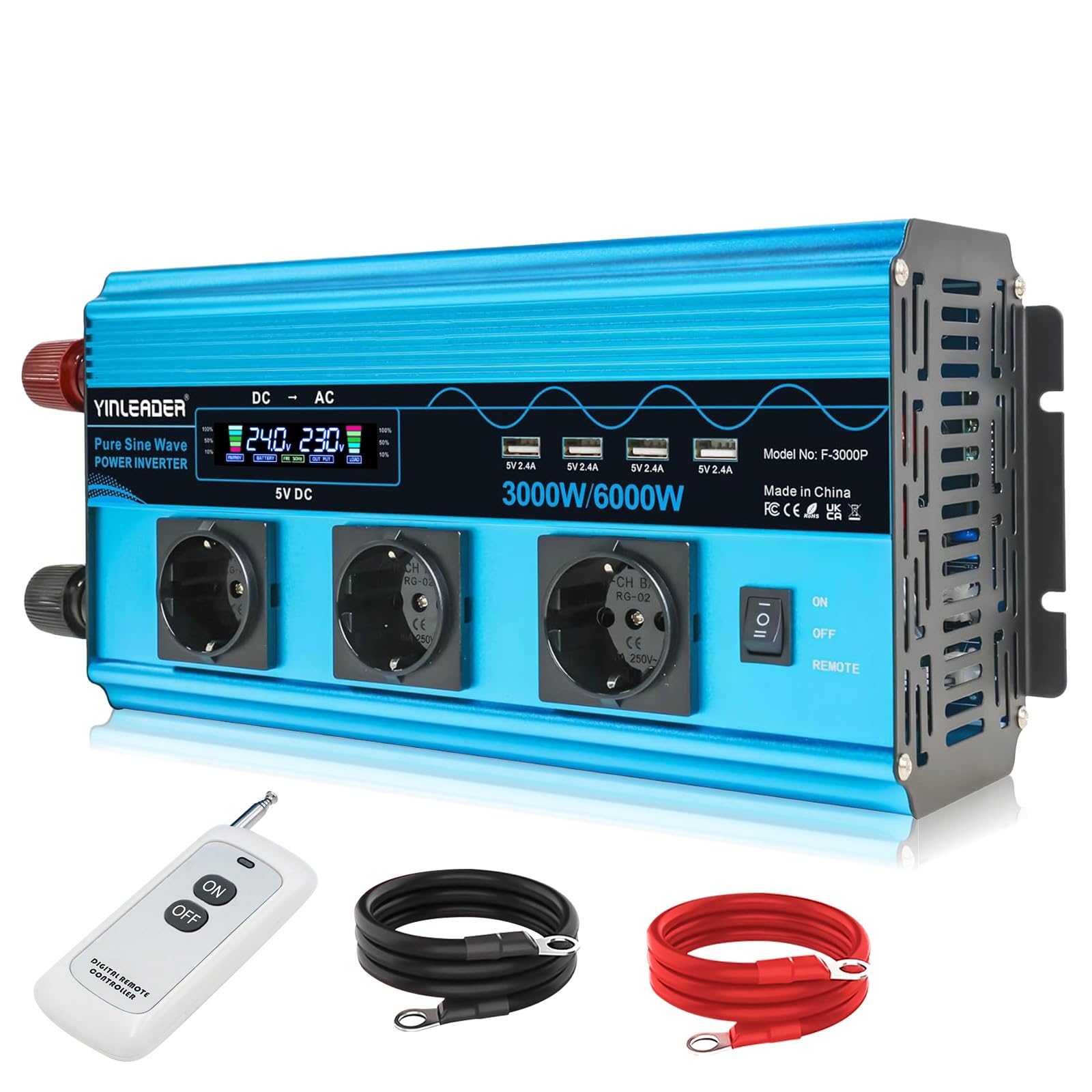Yinleader Inversor 3000W Onda Sinusoidal Pura Convertidor de Voltaje 24V 230V con LCD | 3 Tomas y 4 USB Mando a Distancia Inalámbrico /6000W